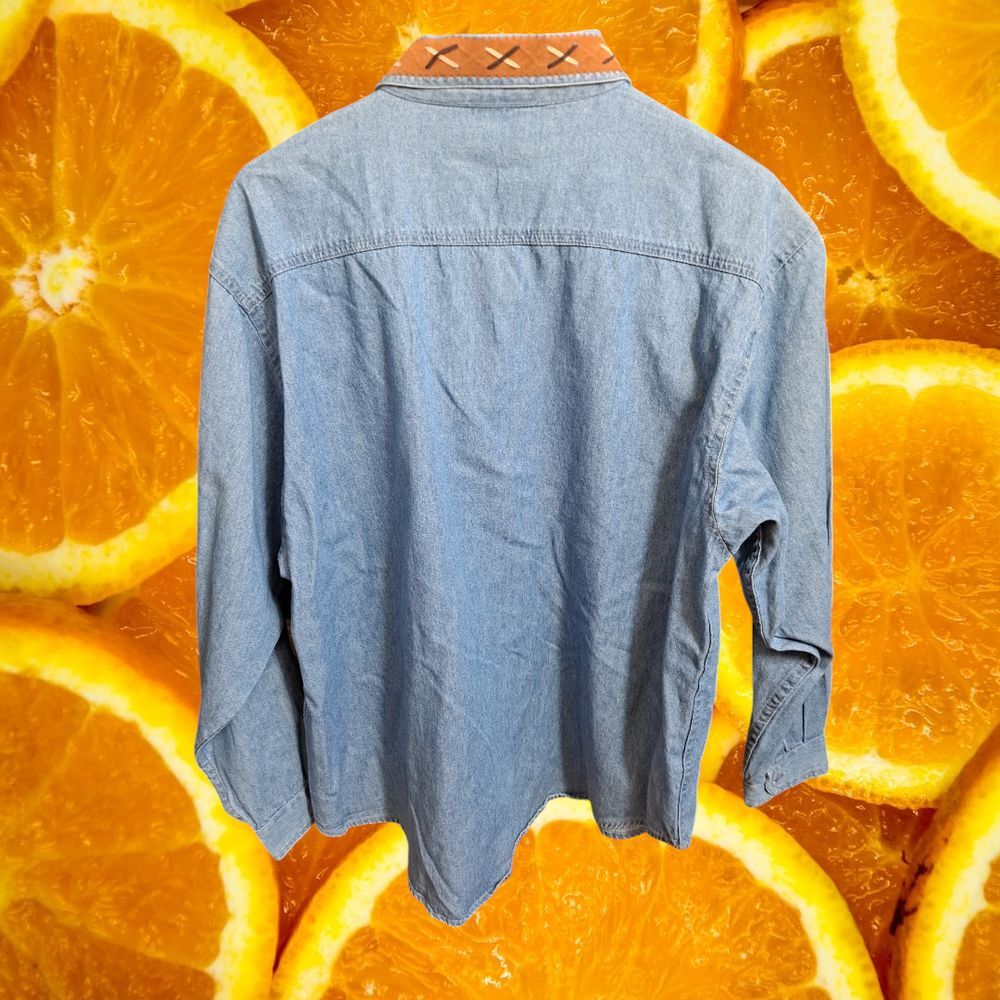 P.G.B. Western Denim Shirt Leather Fringe Lace Up Detail Large - Picture 8 of 8